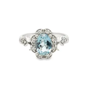 14K White Gold Aqua and Diamond Fashion Ring