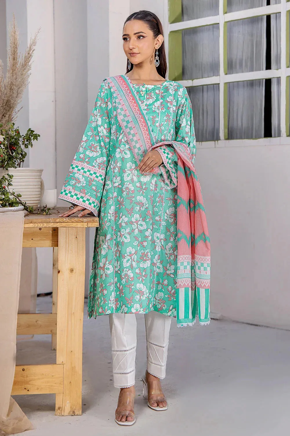 3PC Printed Unstitched Lawn Suit KLA-2707 Aqua