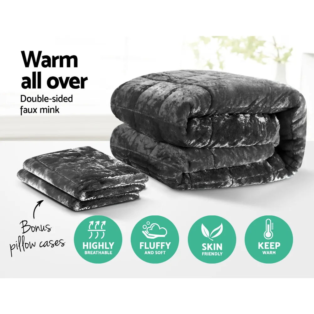 500GSM Faux Mink Quilt Set Charcoal Super King Giselle Bedding