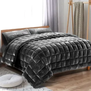 500GSM Faux Mink Quilt Set Charcoal Super King Giselle Bedding