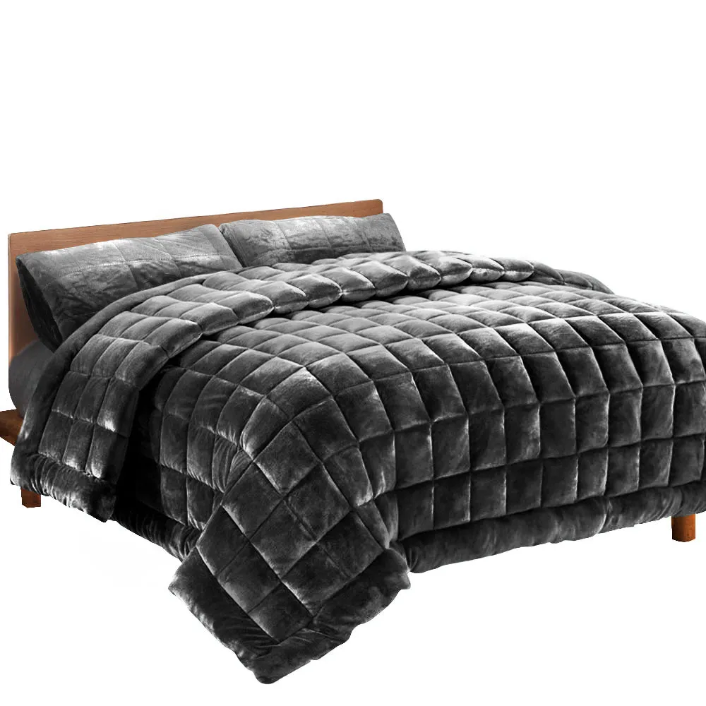 500GSM Faux Mink Quilt Set Charcoal Super King Giselle Bedding