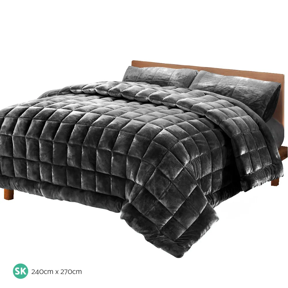 500GSM Faux Mink Quilt Set Charcoal Super King Giselle Bedding