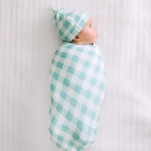 Aqua Gingham Swaddle & Hat Set