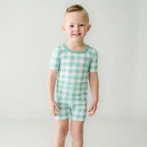 Aqua Gingham Two-Piece Short Sleeve & Shorts Pajama Set