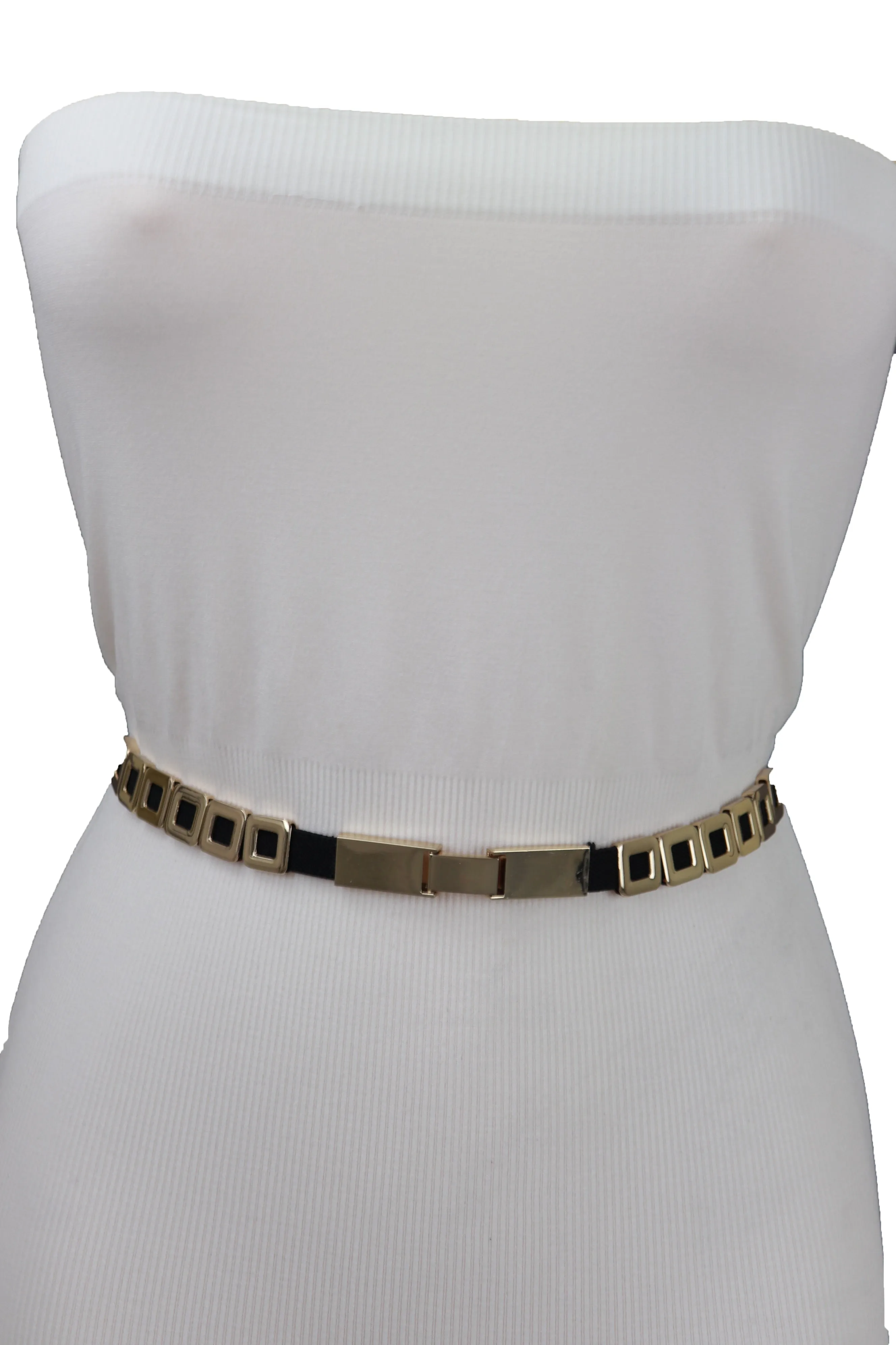 Black Elastic Fashion Belt Gold Metal Square Charms S M L