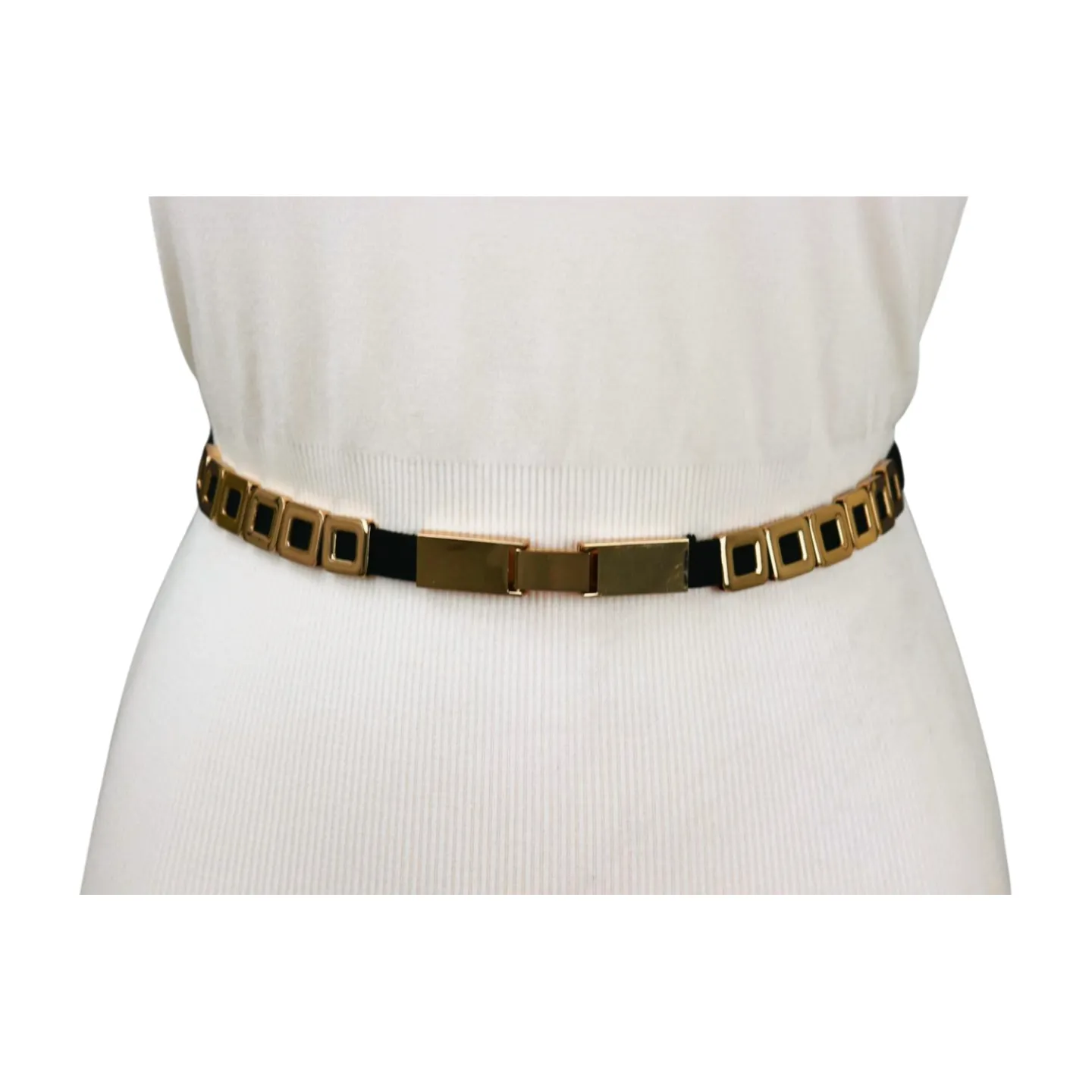 Black Elastic Fashion Belt Gold Metal Square Charms S M L