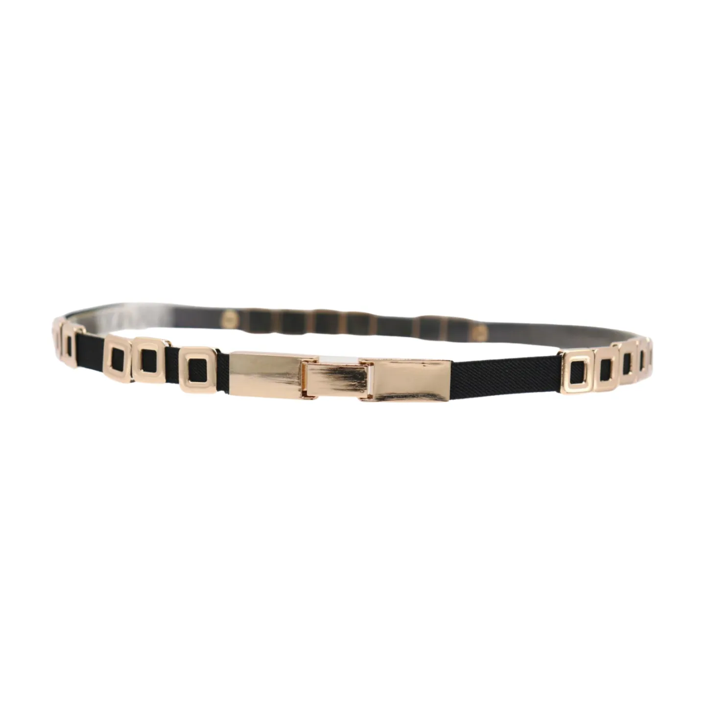 Black Elastic Fashion Belt Gold Metal Square Charms S M L