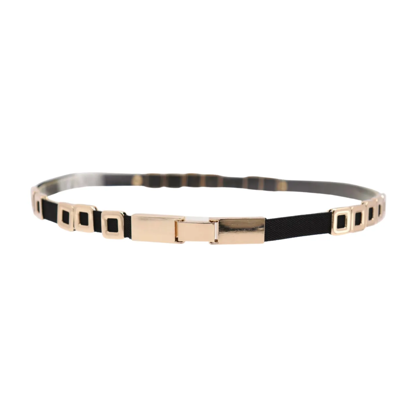 Black Elastic Fashion Belt Gold Metal Square Charms S M L