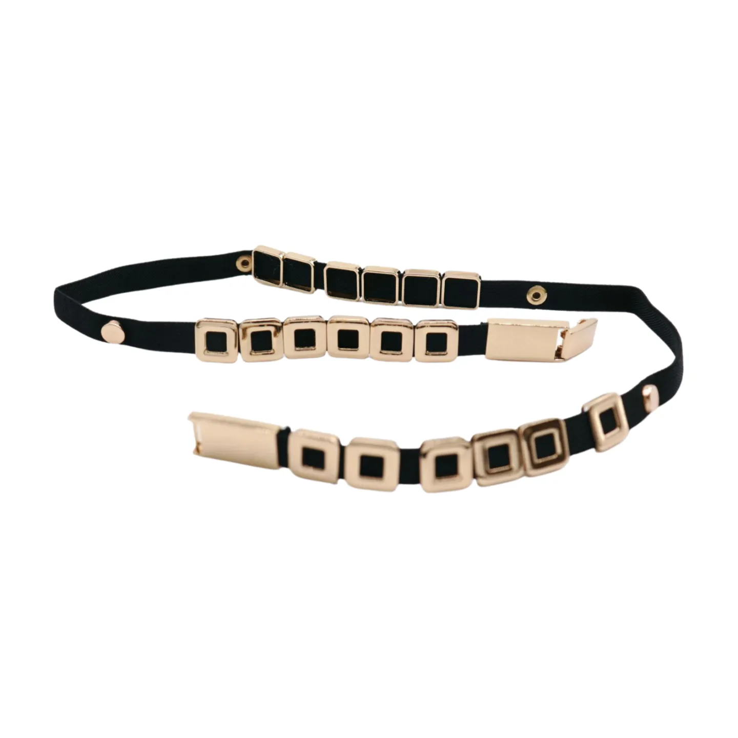 Black Elastic Fashion Belt Gold Metal Square Charms S M L