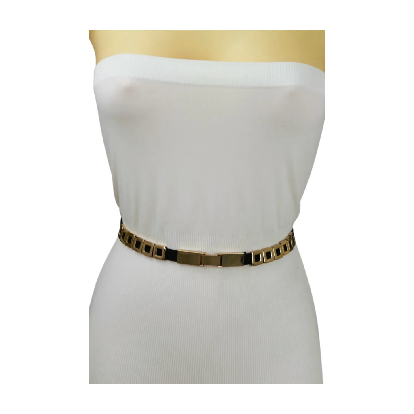 Black Elastic Fashion Belt Gold Metal Square Charms S M L