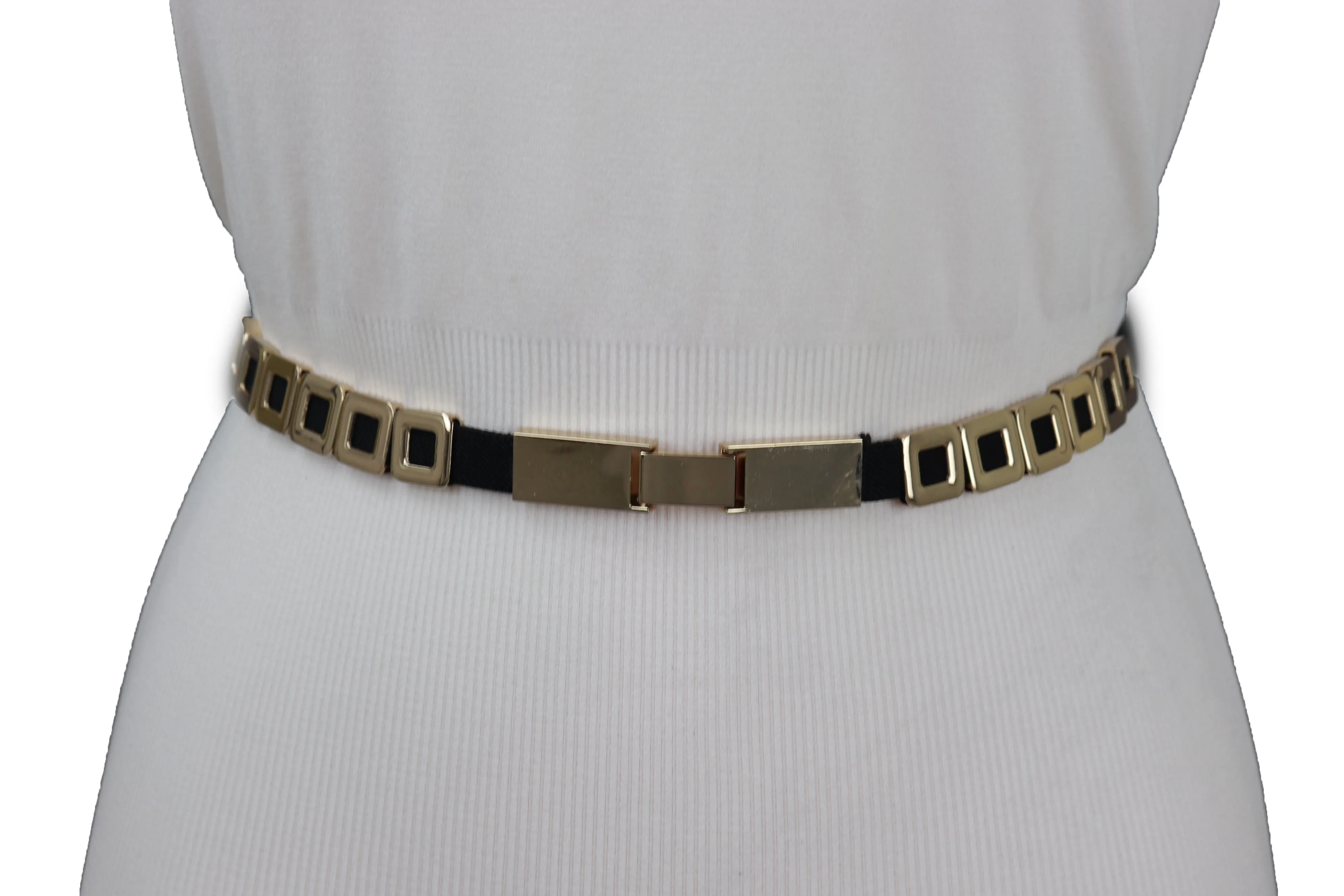 Black Elastic Fashion Belt Gold Metal Square Charms S M L