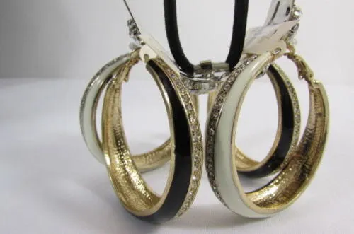 Black White Metal Classic Hoop Fashion Earrings Set Multi Rhinestones