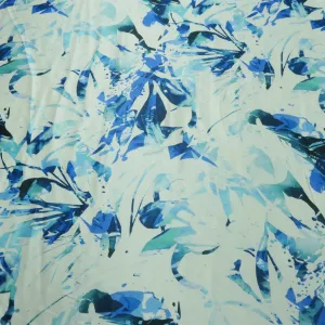 Blue and Aqua Paint Splashes on a White Background Printed Silk Charmeuse Fabric