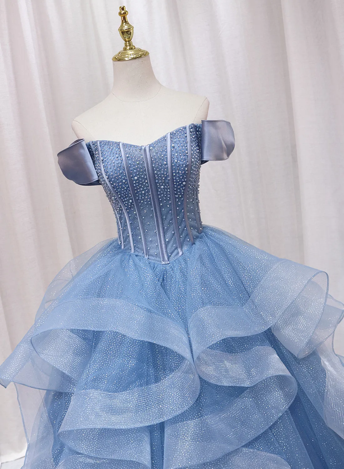 Blue Beaded Off Shoulder Tulle Long Formal Dress, Blue Evening Dress Prom Dress