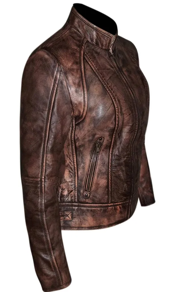 Brown Wax Sheepskin Leather Women's Biker Jacket