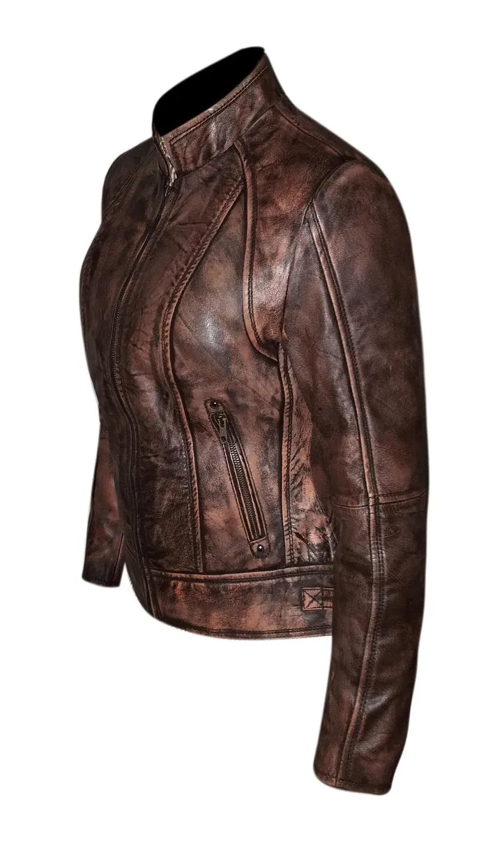 Brown Wax Sheepskin Leather Women's Biker Jacket