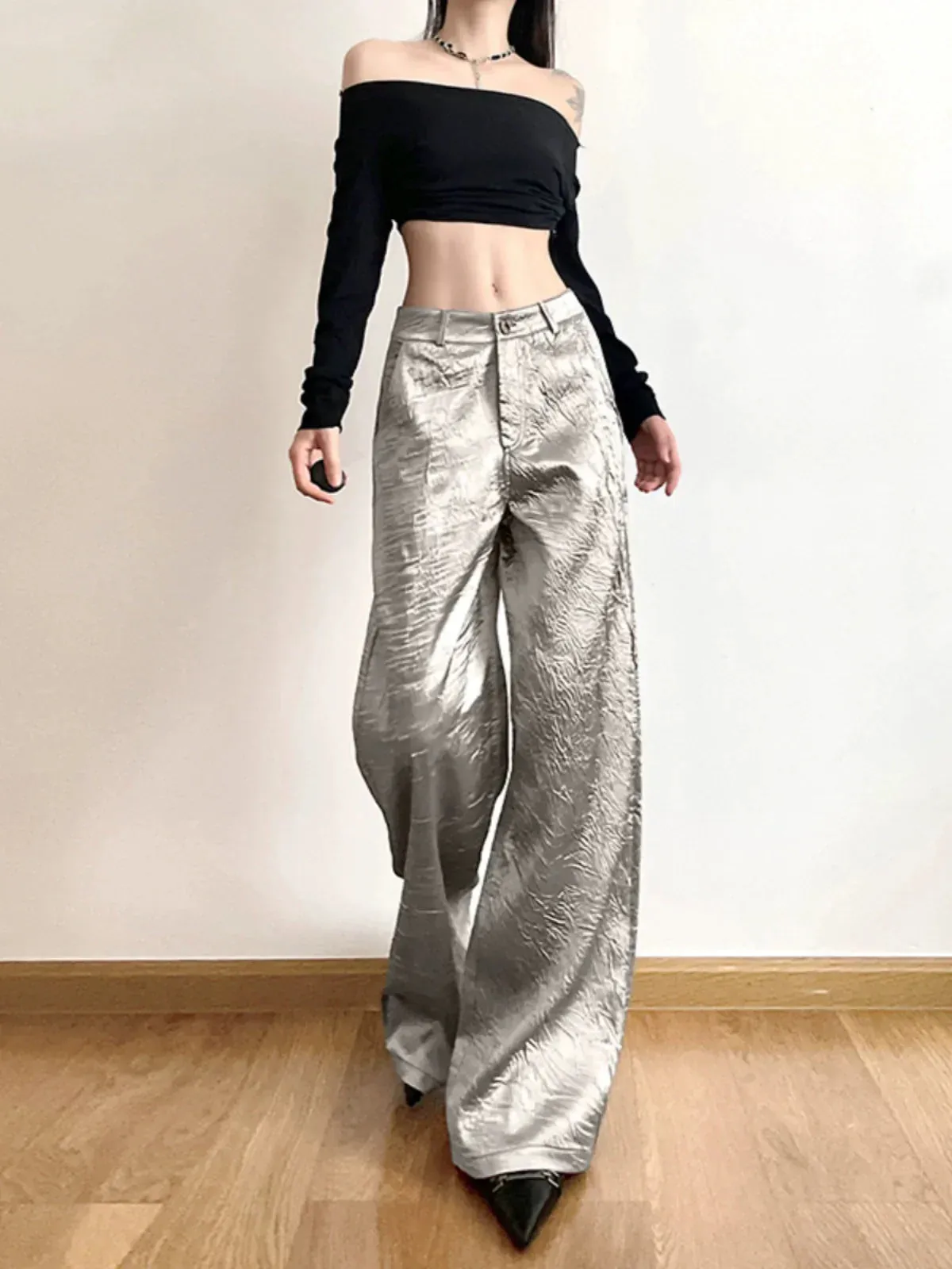 Brylei Pleated Silver Wide-Leg Trousers