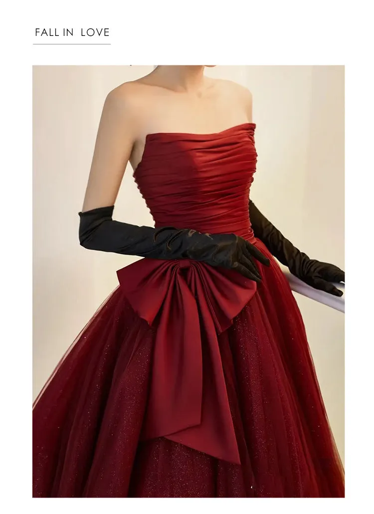 Burgundy Bridal Dress Puff Sleeve Long Princess Dress Stage Performance Birthday Puffy Evening Dress