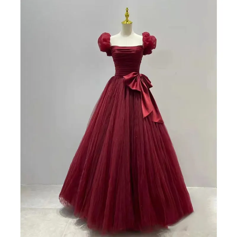 Burgundy Bridal Dress Puff Sleeve Long Princess Dress Stage Performance Birthday Puffy Evening Dress