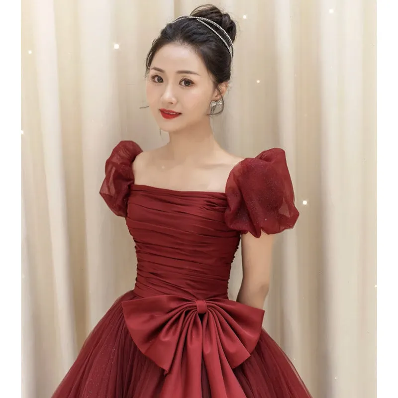 Burgundy Bridal Dress Puff Sleeve Long Princess Dress Stage Performance Birthday Puffy Evening Dress