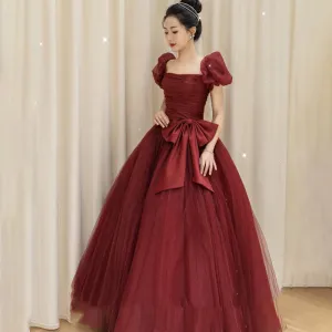 Burgundy Bridal Dress Puff Sleeve Long Princess Dress Stage Performance Birthday Puffy Evening Dress