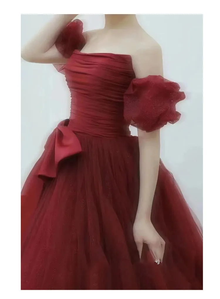 Burgundy Bridal Dress Puff Sleeve Long Princess Dress Stage Performance Birthday Puffy Evening Dress