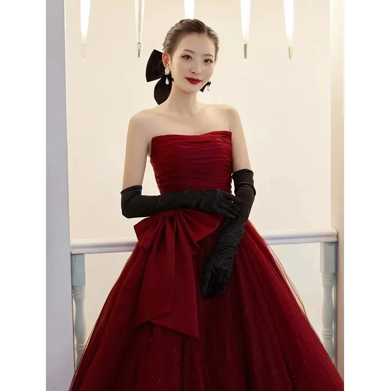 Burgundy Bridal Dress Puff Sleeve Long Princess Dress Stage Performance Birthday Puffy Evening Dress