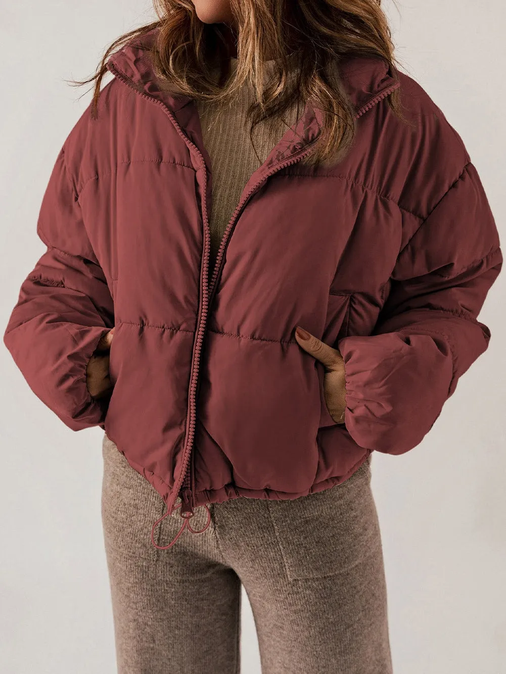 Burgundy Quilted Zipper Closure Puffer Jacket