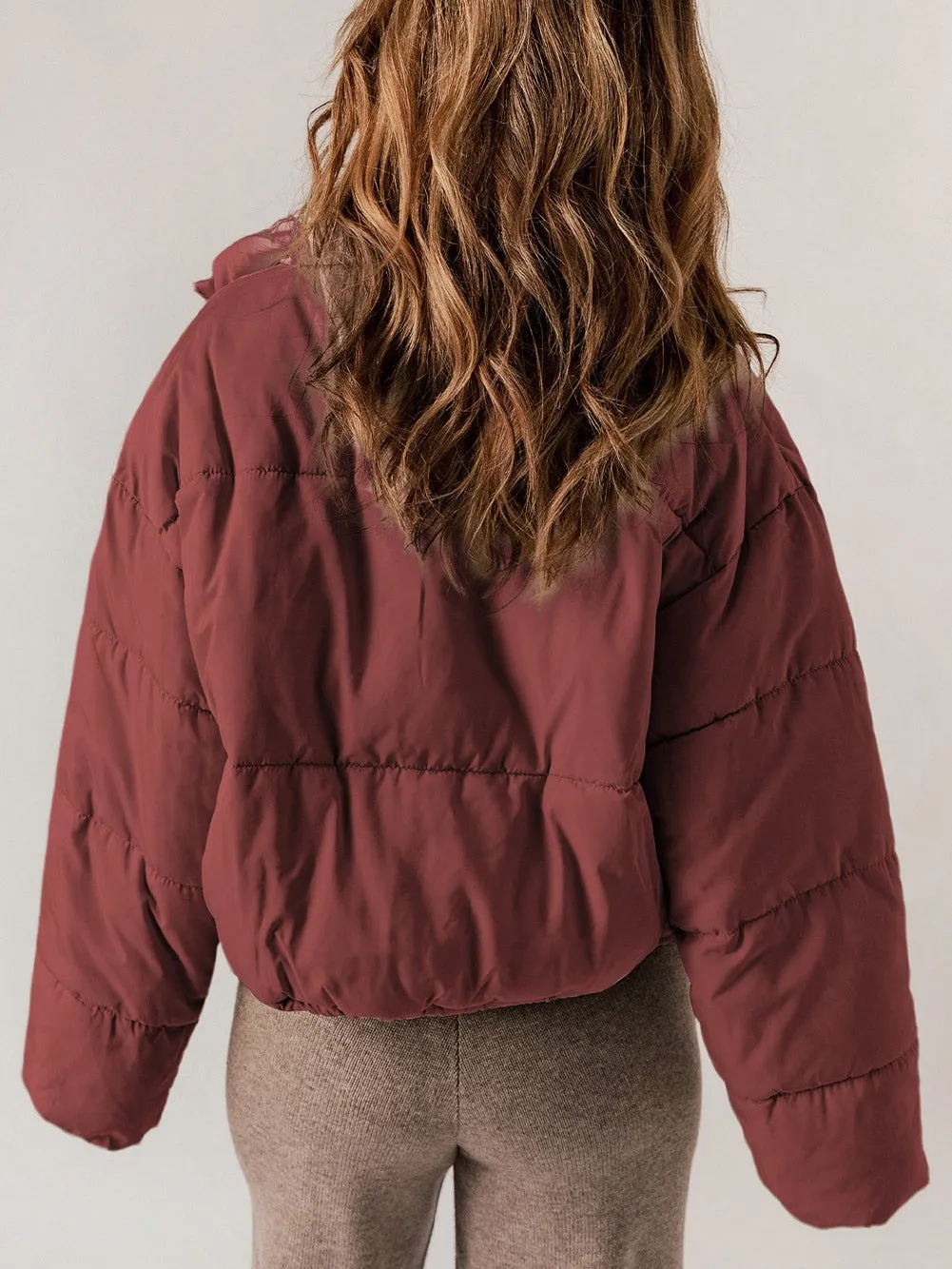 Burgundy Quilted Zipper Closure Puffer Jacket