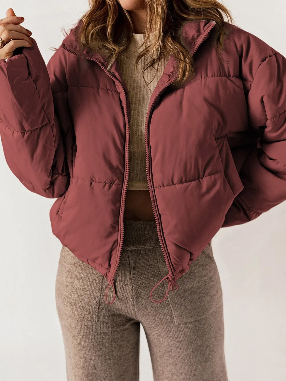 Burgundy Quilted Zipper Closure Puffer Jacket