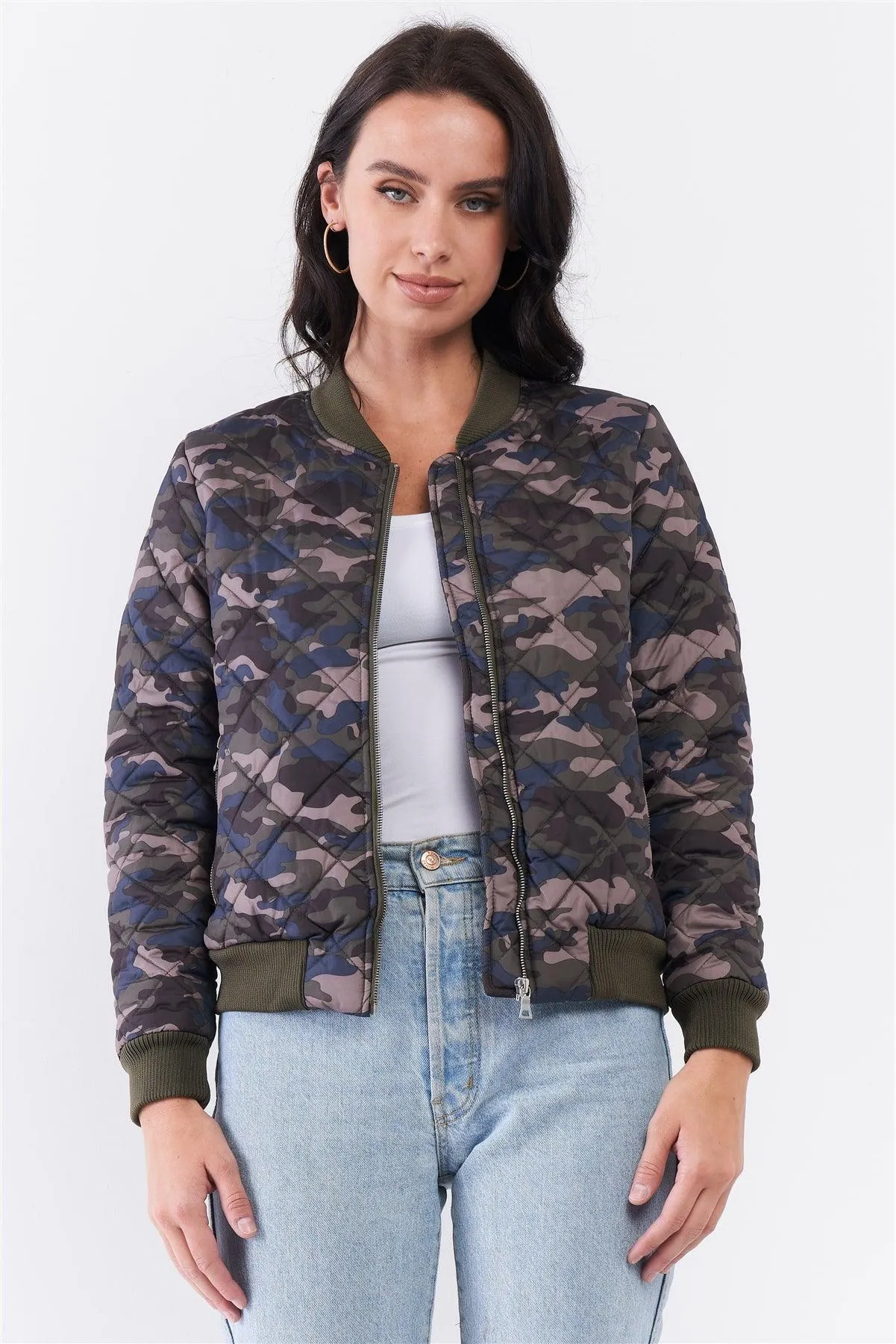 Camo Quilted Puff Sleeve Front Zip-Up Winter Jacket