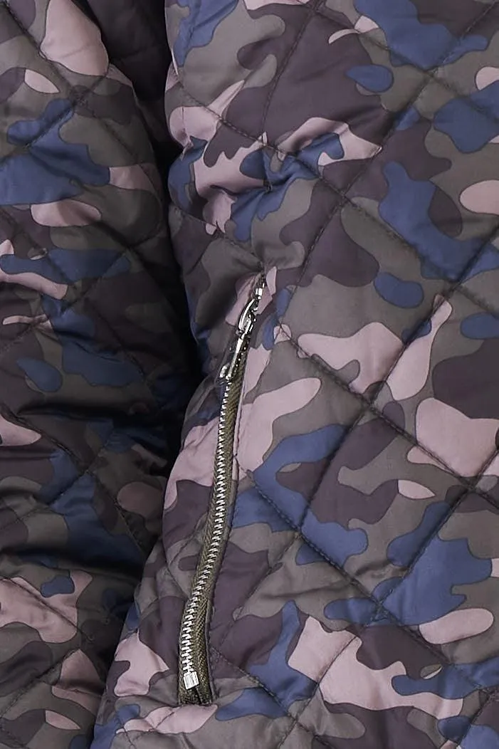 Camo Quilted Puff Sleeve Front Zip-Up Winter Jacket