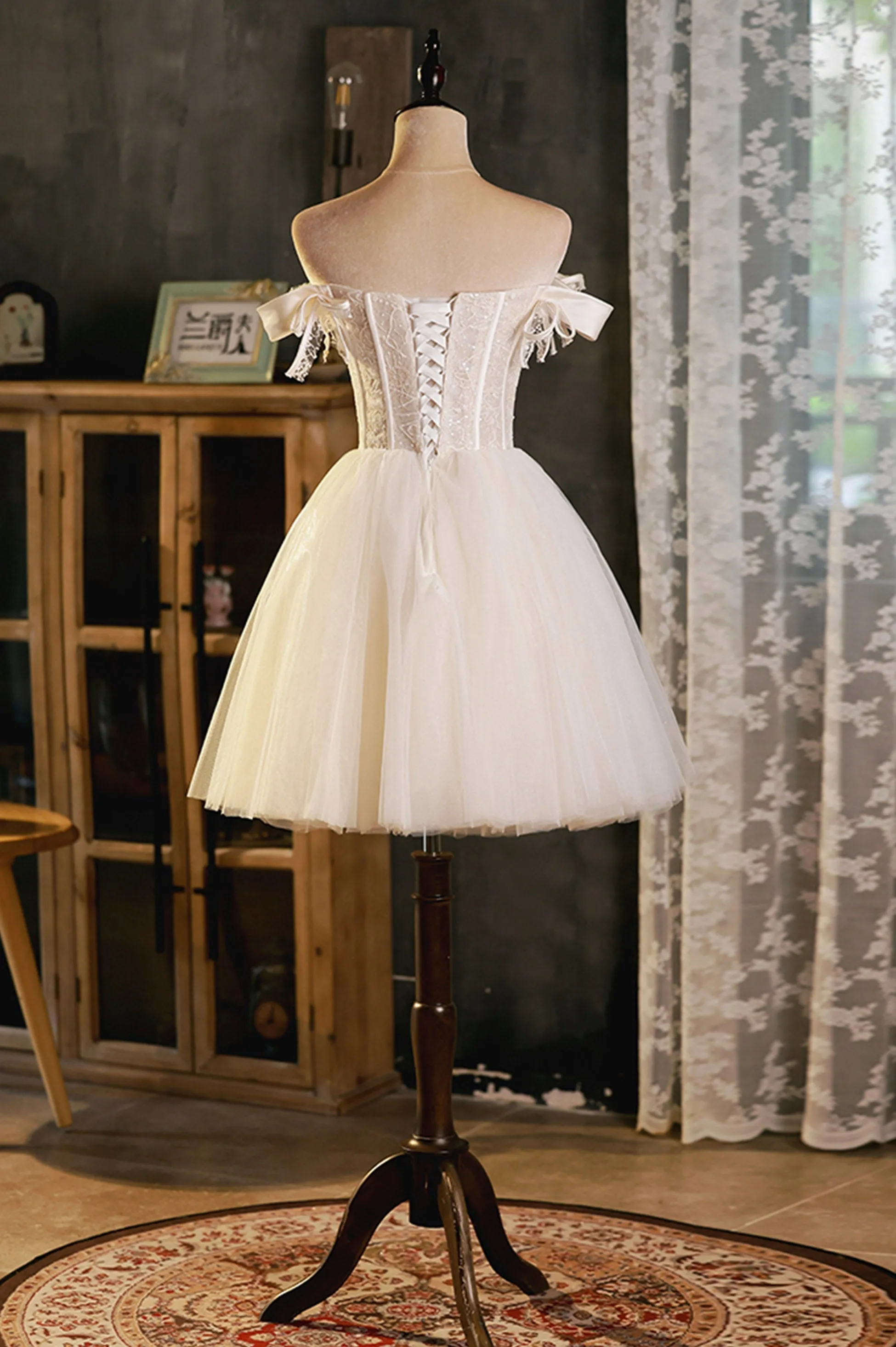 Champagne Tulle Short A-Line Prom Dress, Off the Shoulder Evening Party Dress