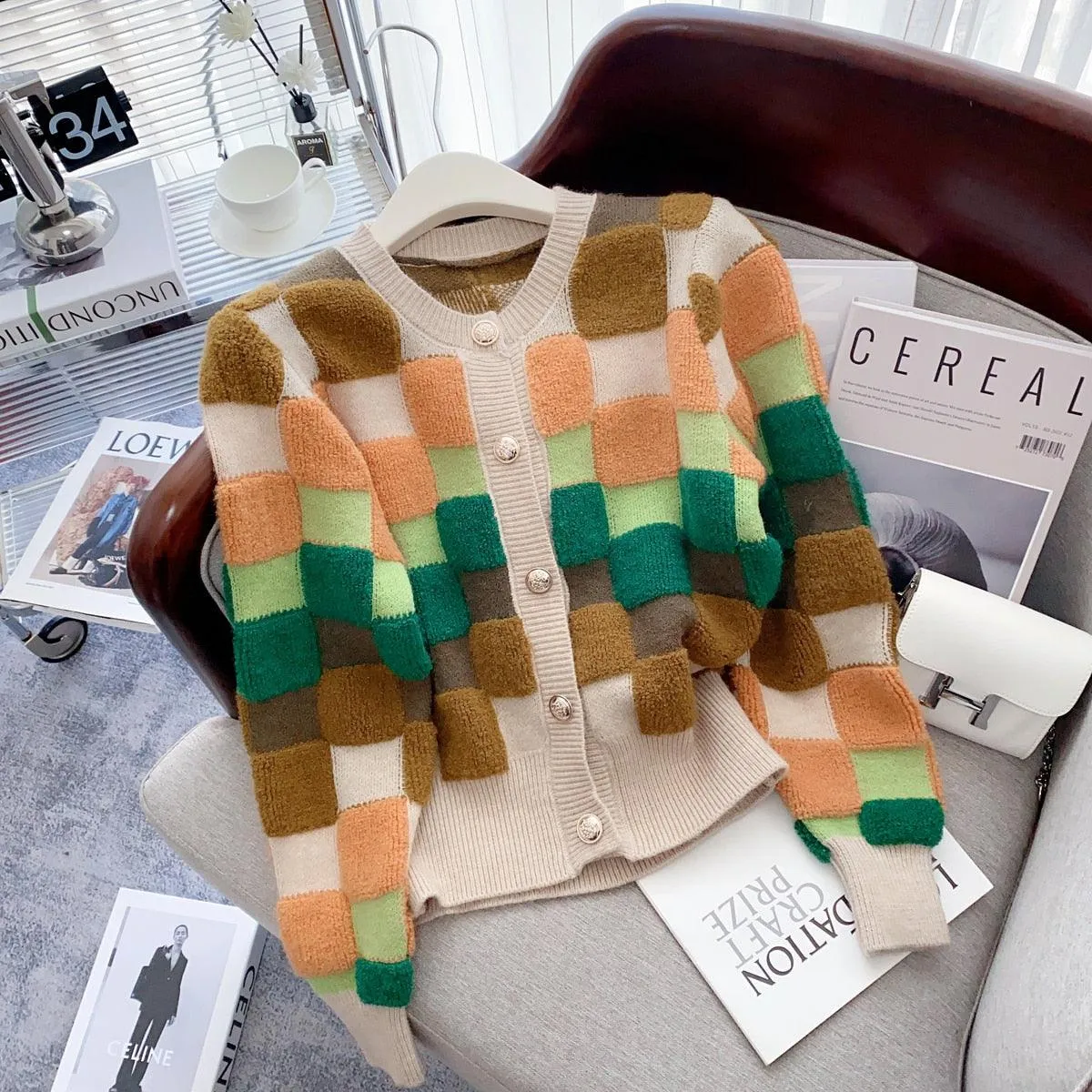 Chic Multicolor Plaid Knit Cardigan with O-neck | Cozy Winter Fashion Sweater