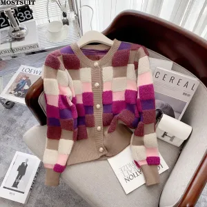 Chic Multicolor Plaid Knit Cardigan with O-neck | Cozy Winter Fashion Sweater