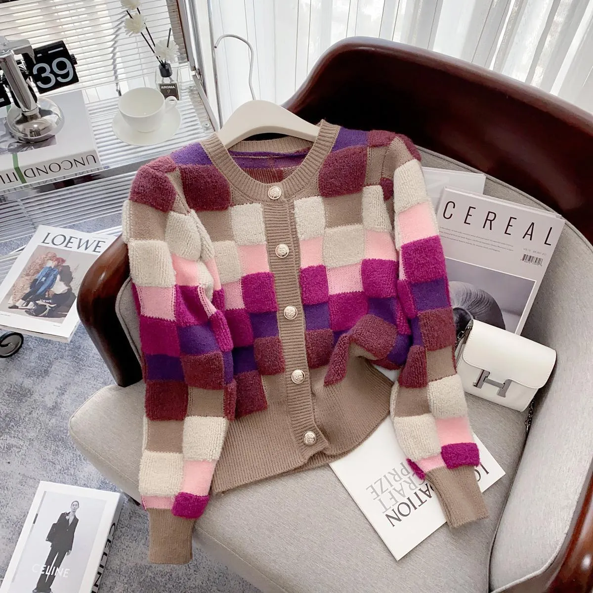 Chic Multicolor Plaid Knit Cardigan with O-neck | Cozy Winter Fashion Sweater