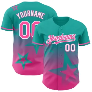 Custom Aqua Pink-White 3D Pattern Design Gradient Style Twinkle Star Authentic Baseball Jersey