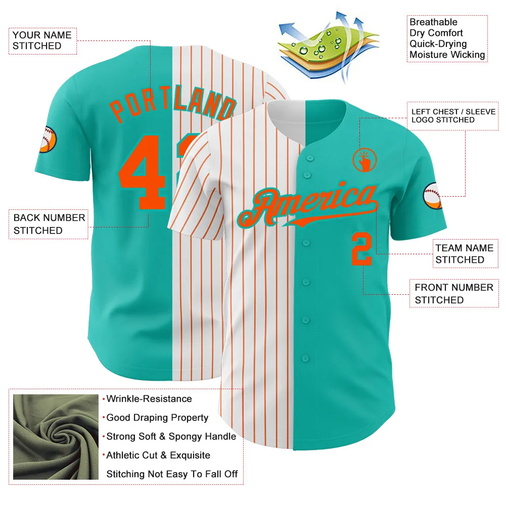 Custom Aqua White-Orange Pinstripe Authentic Split Fashion Baseball Jersey