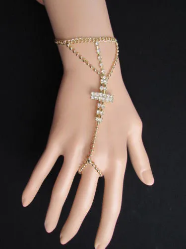 Delicate Silver Metal Rhinestone Cross Hand Chain