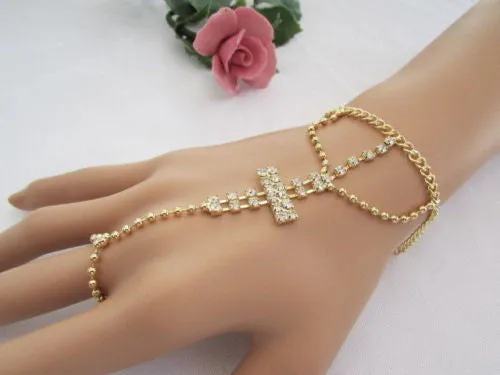 Delicate Silver Metal Rhinestone Cross Hand Chain