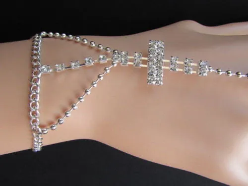 Delicate Silver Metal Rhinestone Cross Hand Chain