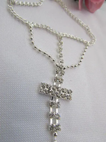 Delicate Silver Metal Rhinestone Cross Hand Chain