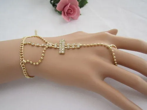 Delicate Silver Metal Rhinestone Cross Hand Chain