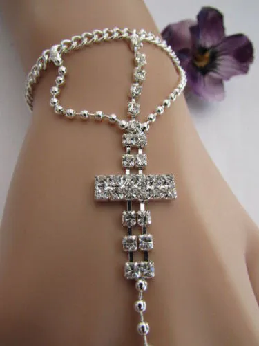 Delicate Silver Metal Rhinestone Cross Hand Chain