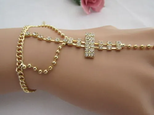 Delicate Silver Metal Rhinestone Cross Hand Chain