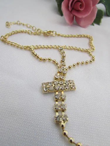 Delicate Silver Metal Rhinestone Cross Hand Chain