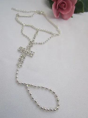 Delicate Silver Metal Rhinestone Cross Hand Chain