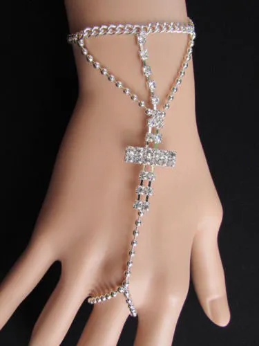 Delicate Silver Metal Rhinestone Cross Hand Chain