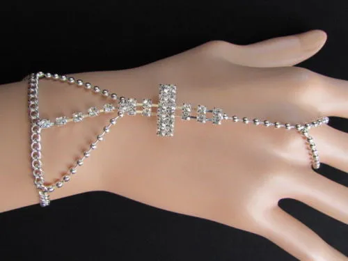 Delicate Silver Metal Rhinestone Cross Hand Chain