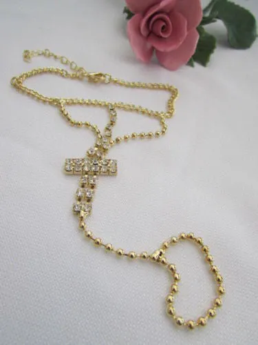 Delicate Silver Metal Rhinestone Cross Hand Chain